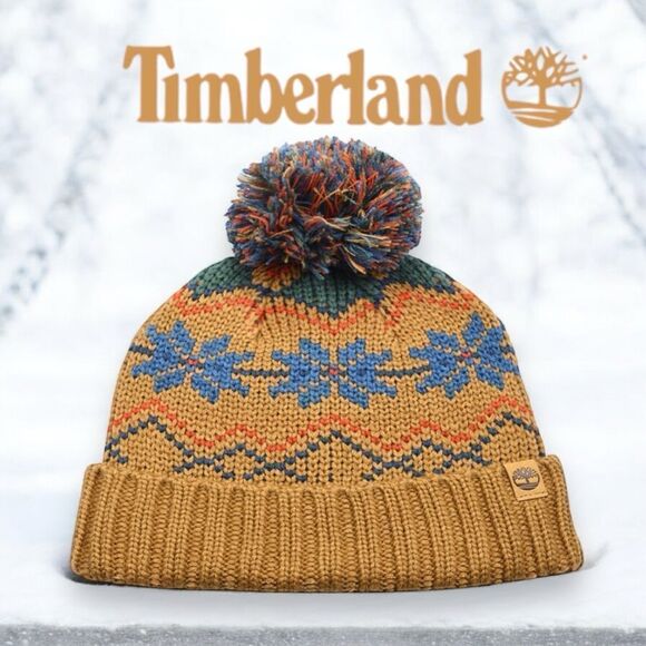 TIMBERLAND Women's Fair Isle Pom Beanie OS in Wheat Combo - Picture 1 of 6